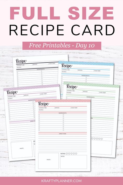 Full Size Recipe Card - Free Printable (Day 10) — Krafty Planner Recipes Printable Free Templates, Full Page Recipe Cards Free Printables, Recipe Book Free Printables, Recipe Card Printable Free, Recipe Book Pages Printable, Recipe Blank Printable, Cookbook Template Printables Free, Recipe Planner Printables Free, Happy Planner Recipe Printable