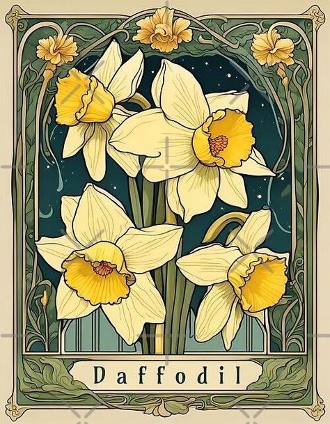 NorthernSwanArt Negozio | Bolla rossa Art Deco Daffodil, Daffodil Flower Illustration, Art Nouveau Spring, Art Nouveau Daffodil, Art Nouveau Plants, Art Nouveau Designs, Art Nouveau Print, Art Nouveau Poster Design, Spring Flower Drawing