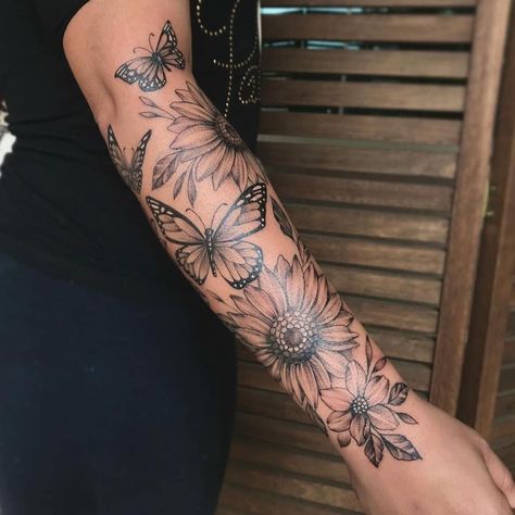 Instagram post by TATTOOS MAP • Dec 20, 2020 at 11:56am UTC Butterfly Sleeve Tattoo, Butterfly With Flowers Tattoo, Butterfly Tattoos On Arm, Sunflower Tattoo Sleeve, Arm Sleeve Tattoos For Women, Wrap Tattoo, Mom Tattoo Designs, Dandelion Tattoo, Mom Tattoo