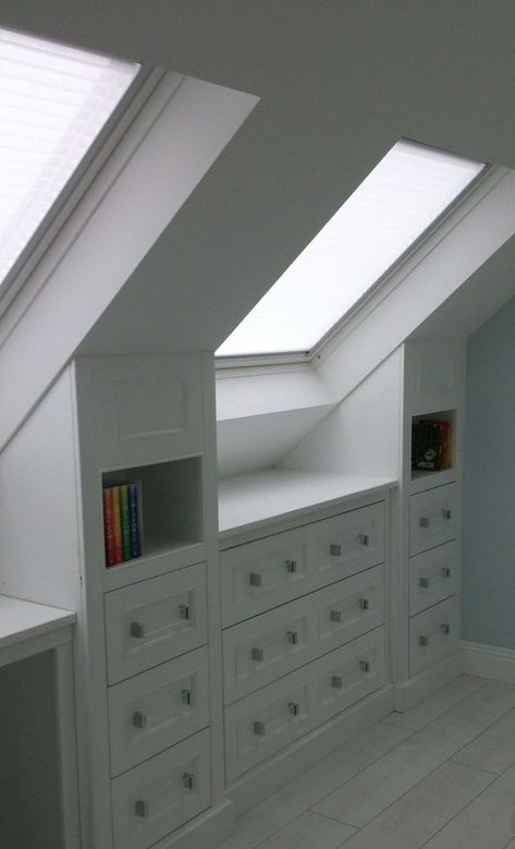 Attic Room Ideas Slanted Walls, Small Attic Room Ideas, Converted Loft, Small Attic Room, Attic Room Ideas, Backyard Waterfall, Eaves Storage, Design Ložnic, Slanted Walls