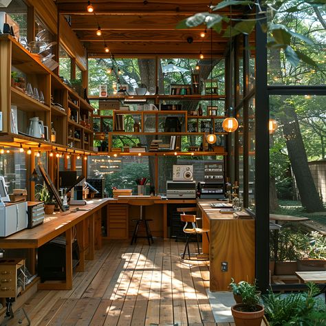 Workshop: Size, Functionality, Uses, Furniture And Renovation 27 Modern Garden Office, Solarium Office, Garden Art Studio, Workshop Space Design, Workshop Design Studio, Two Desks, Backyard Art Studio, Design With Nature, Large Glass Windows