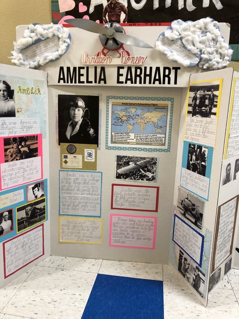 Trifold History Project, 3rd Grade Poster Board Projects, Poster Board Ideas School Project Famous Person, Trifold Poster Board Ideas History, History Fair Board Layout, History Tri Fold Board Ideas, Cool Project Ideas For School, Creative Tri Fold Board Ideas, Amelia Earhart Poster Project