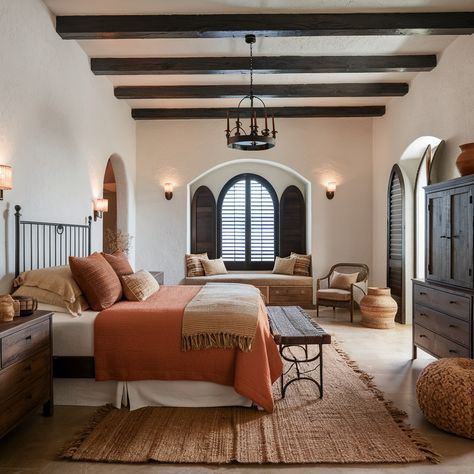 Spanish Colonial House 💖💛💖 Spanish Colonial Windows, Spanish Colonial Office, Mexican Hacienda Interior, Hacienda Style Bedroom Master Suite, 1920s Spanish Revival Home, Old Spanish Style Homes Interior, Spanish Villa Bedroom, Colonial Modern House, Spanish Style Bedroom Master Suite