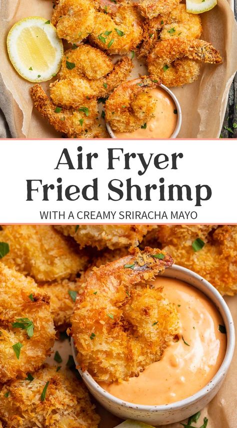 Tender and totally crispy fried shrimp has never been easier or lighter, and it's all thanks to the magic of the air fryer. With an Old Bay seasoned breading, crunchy panko breadcrumbs, and a cool, creamy sriracha mayo, these homemade popcorn shrimp are a deliciously light, airy alternative to traditional fried shrimp. Air Fryer Fried Shrimp, Crispy Fried Shrimp, Air Fryer Shrimp, Fried Shrimp Recipes, Air Fryer Fish, Popcorn Shrimp, Homemade Popcorn, Sriracha Mayo, Air Fried Food