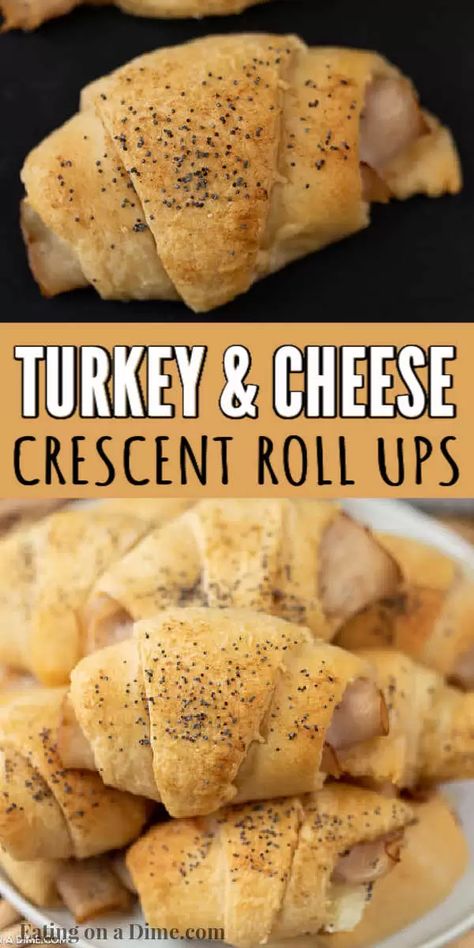 These turkey and cheese crescent roll ups are easy to make and are the perfect lunch or appetizer recipe. Everyone loves these turkey cheese crescent roll ups. These turkey and cheese crescent rolls are simple to throw together in minute and taste great too! #eatingonadime #appetizerrecipes #lunchrecipes #turkeyrecipes #crescentrollrecipes Turkey Croissant Roll Ups, Turkey Crossiant Crescent Rolls, Turkey And Cheese Crescent Rolls, Crescent Roll Turkey, Stuffed Crossiant Recipes, Croissant Roll Ups, Bread Braids, Crescent Roll Snacks, Crescent Roll Recipes Appetizers