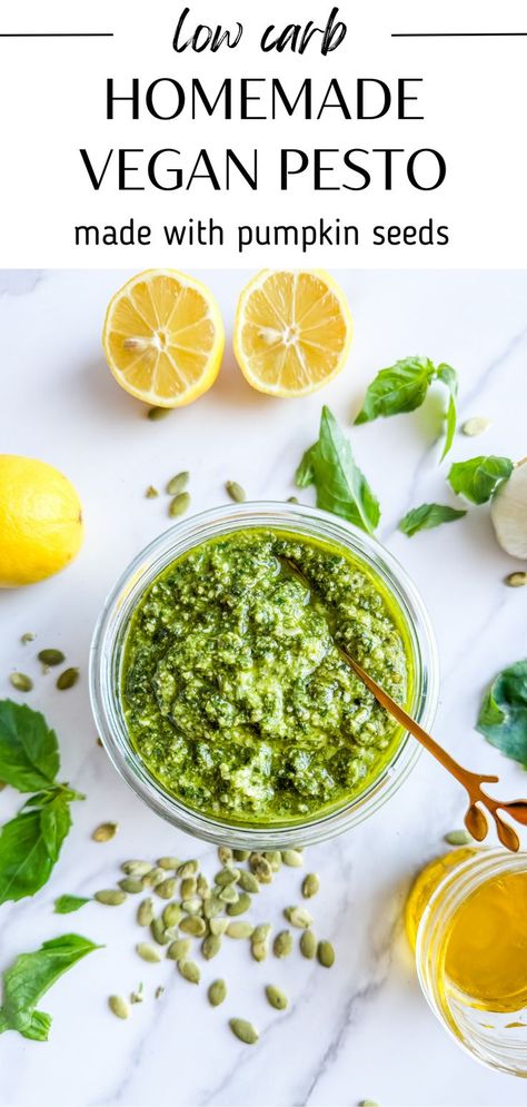 This homemade vegan pesto is paleo, dairy free and nut free! I created this recipe to taste just like the classic creamy basil pesto. This low carb pesto is quick and easy to meal prep to use for any weeknight dinner. Pesto Recipe No Nuts, Basil Recipes Vegan, Low Carb Pesto, Vegan Pesto Recipe, Nut Free Pesto, Homemade Pesto Recipe, Pesto Eggs, Dairy Free Pesto, Pesto Recipes