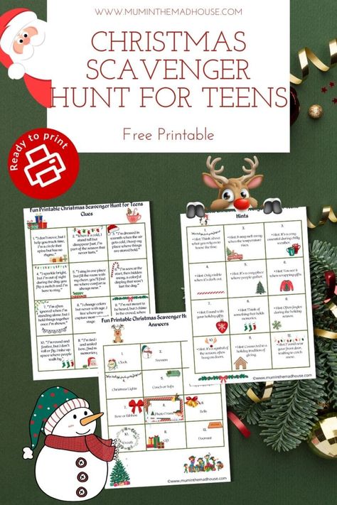 Download this free printable Christmas scavenger hunt with 12 challenging clues for teenagers. Perfect for holiday parties or family fun!#ChristmasGames #HolidayFun #ScavengerHuntForTeens Teenage Scavenger Hunt Clues, Stocking Scavenger Hunt, Neighborhood Christmas Scavenger Hunt, Christmas Neighborhood Scavenger Hunt, Ice Breaker Scavenger Hunt, Santa Scavenger Hunt Christmas Morning, Christmas Eve Scavenger Hunt, Christmas Scavenger Hunt Around Town, Fun Christmas Games For Family Scavenger Hunts