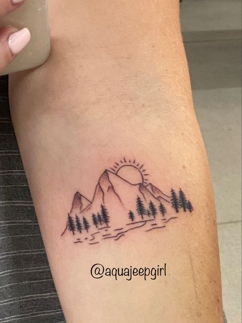 Simple tattoo, mountain and lake tattoo. Pine trees and mountain tattoo Sun And Trees Tattoo, Mountains Couple Tattoo, Mountain Tattoo With Pine Trees, Tree And Lake Tattoo, Sun And Moutain Tattoos, Mountains And Pine Trees Tattoo, Mountain With Lake Tattoo, Mountain And Lake Tattoo Simple, Mountain Hiking Tattoo