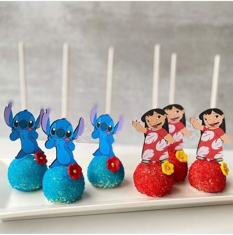 Lilo Stitch Cake Pops, Stitch B Day Ideas, Stitch Cake Pops Ideas, Stitch Birthday Cake Pops, Cute Stitch Birthday Ideas, Lilo And Stitch Birthday Party Snacks, Stitch Dessert Ideas, Lilo And Stitch Cakepops, Stitch Party Favor Ideas