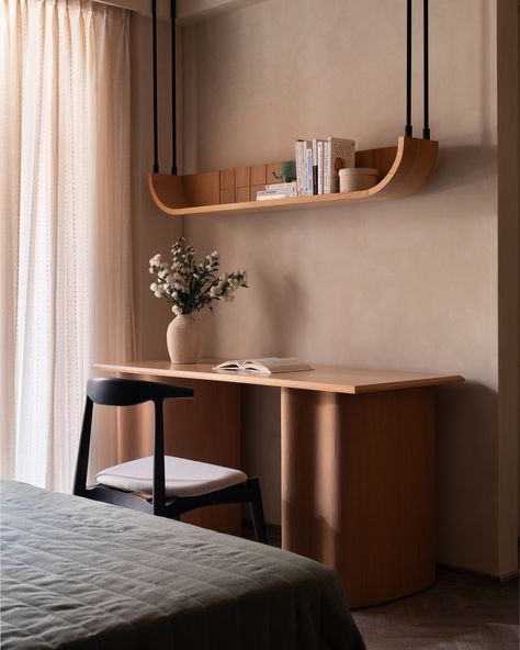 When reading desks are a requirement, we work a charm like this 😍 Just like the rest of the room, we kept the table minimal yet added bespoke legs that make a statement ❤️ Aligning the base to the curves used throughout the home, we created this masterpiece. A ceiling hung shelf completes the set up in perfect usability and aesthetics 🥰 . Photo credit: @nayansoni21 . . #studioipsa #workstation #studydesk #interiordesign #interiordesignideas #texturepaint #interiordesigninspiration #inte... Work Desks, Study Table Designs, 20 Aesthetic, Study Room Design, Workspace Inspiration, Work Desk, Study Table, Home Room Design, Interior Furniture