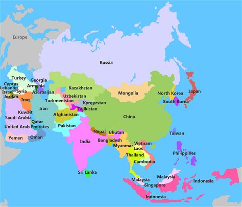 Map of Asia.  Former name of Thailand was Siam, former name of Myanmar was Burma, former name of Sri Lanka was Ceylon.  The old and new names match up if you put both in alphabetical order. Peta Asia, Map Of Asia, Philippines Beaches, Asia Continent, Countries And Flags, World Map Decor, Asia Map, Travel Words, Country Names