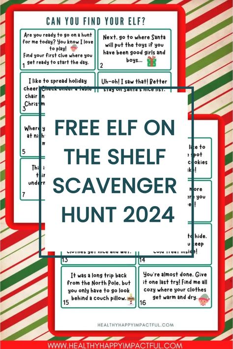 Free Elf on the Shelf Scavenger Hunt 2024 instructions on a festive candy cane stripe background. Riddles From Elf On The Shelf, Elf On The Shelf Pun Ideas, Elf On The Shelf Treasure Hunt Clues, Elf On The Shelf Hide And Seek Riddles, Disney Scavenger Hunt At Home, Scavenger Hunt Elf On Shelf, Elf Hide And Seek Note, Elf On The Shelf Ideas High Up, Elf Scavenger Hunt Ideas