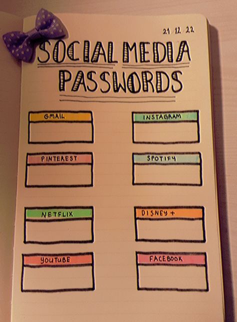 Strong Password Ideas Instagram, Bullet Journal Password Page, Social Media Passwords, 2025 Journal, Password Notebook, Notebook Idea, Neet Notes, Notebook Therapy, Diy Notebooks