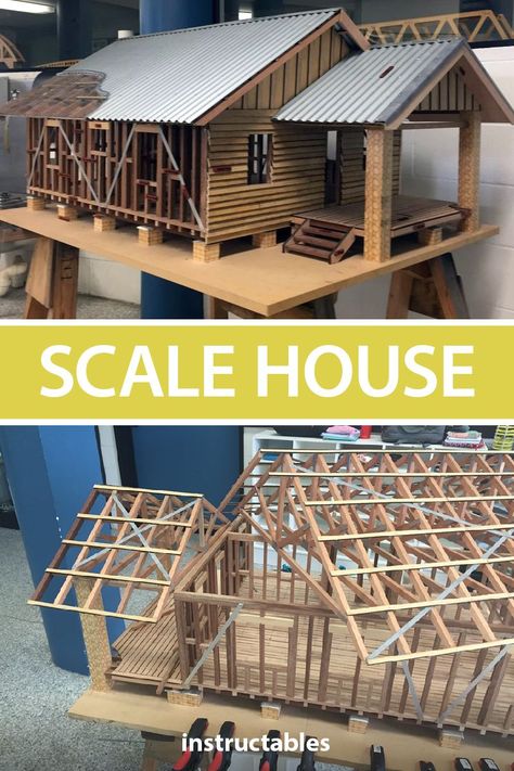 Build a model home as a teaching aide for students learning general construction. #woodworking #education #modelling #workshop Scale Model Homes, Balsa Wood Models, Architectural Scale, Dollhouse Design, Scale Model Building, External Cladding, General Construction, Roof Trusses, Model House Plan