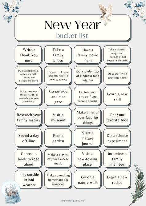 New Year Bucket List Ideas, New Year Bucket List, Free Printable Bucket List, Year Bucket List, Printable Bucket List, Bucket List Journal, Monthly Activities, New Year Planning, Bucket List Family