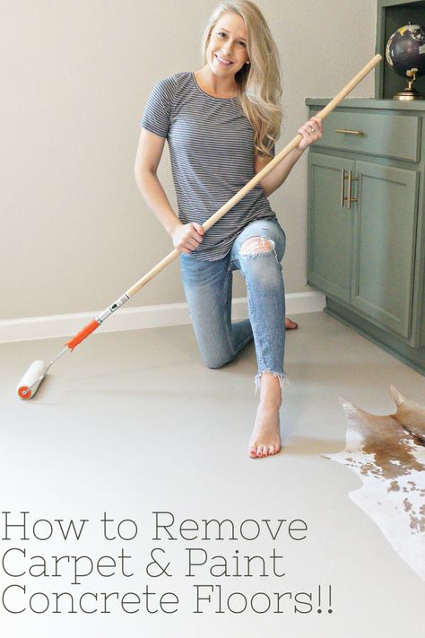 I know you want to get rid of your ugly carpeting.. Check out this easy tutorial on removing carpeting and panting your concrete floors!! #removecarpet #paintconcretefloor #homediy Concrete Floors Bedroom, Diy Stained Concrete Floors, Painted Cement Floors, Concrete Bedroom, Concrete Floors In House, Concrete Floors Diy, Diy Concrete Stain, Interior Concrete Floors, Remove Carpet