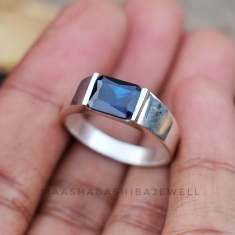 Blue Sapphire Men's Ring, 925 Sterling Silver Ring, Handmade Ring, Promise Ring, Blue Sapphire Ring, Dainty Wedding Ring, Gift For Him SHOP LINK:- https://www.etsy.com/shop/MaaShabashibaJewell?ref=seller-platform-mcnav 》D E T A I L S《 Gemstone: Natural Sapphire Gem Color: Blue Gem Shape: Rectangle  Gem Category: Cut Metal: 925 Sterling Silver Purity: 925 Parts Per 1000 Setting Type: Prong Set Silver Polish: High Ring Size: All Size Available Please note that there Can be slight variations in sto Men Sterling Silver Ring, Blue Stone Ring For Men, Gem Stone Rings For Men, Mens Stone Ring, Ring Designs For Men Silver, Man Silver Ring, Mens Ring Silver, Silver Stone Rings For Men, Blue Sapphire Rings For Men