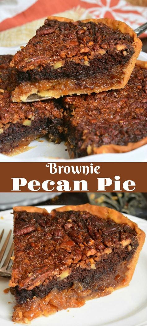 Brownie Pecan Pie. Amazing combination of two classic desserts. This pie is actually half brownie and half pecan pie. It is an amazing dessert that is quite easy to make. #pecanpie #pie #brownie #dessert Brownie Pecan Pie, Pecan Pie Brownies, Brownie Pie, Cakes Recipes, Pecan Pie Recipe, Pecan Recipes, Pie Bar, Food Group, Food And Beverage