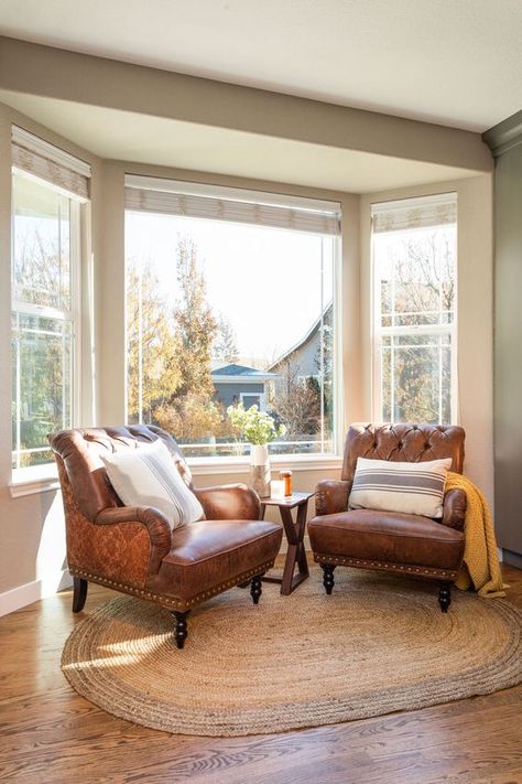 Style A Bay Window, Two Chairs In Front Of Window, Bay Window Chairs, Bay Window Decorating Ideas Living Room, Office With Bay Window, Kitchen Nook Ideas Bay Windows, Small Bay Window Ideas Living Room, Kitchen Bay Window Seating, Bay Window Ideas Living Room