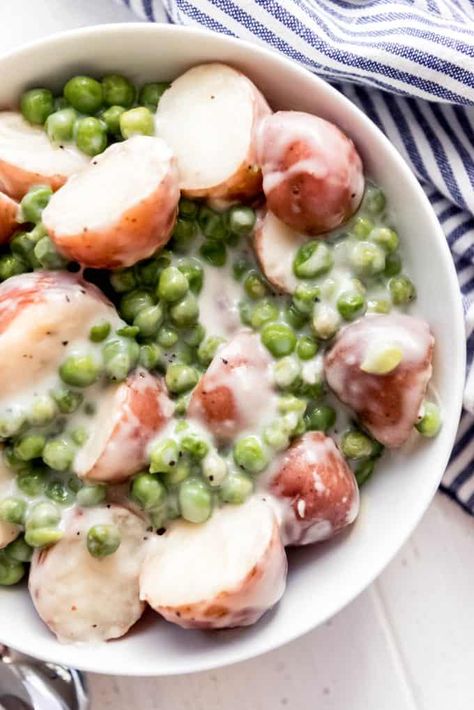 Potatoes And Peas Recipe, Creamed Peas And Potatoes, Pocatello Idaho, Creamed Peas, English Peas, New Potatoes, Vegetable Side Dishes Recipes, Creamed Potatoes, Comfort Food Recipes