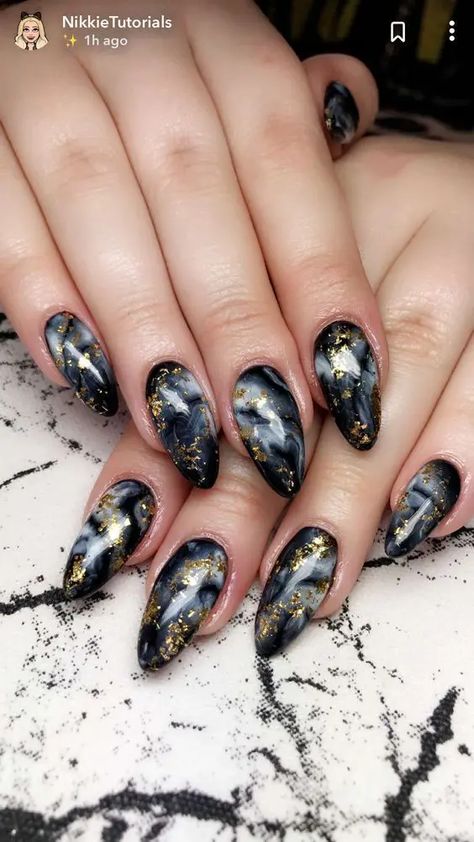 Black Marble Nails, Water Marble Nails, Water Nails, Marble Nail Designs, Marble Nail, Marble Nail Art, Galaxy Nails, Gold Nail, Her Nails