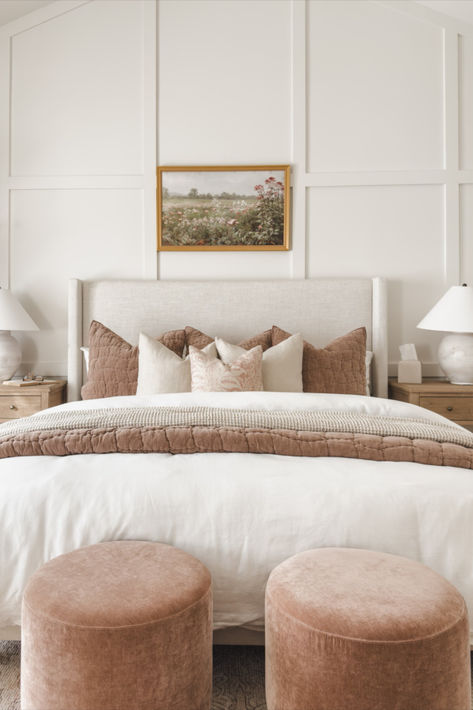 Primary bedroom refresh with pops of pink, creamy whites, neutral wood tones for a cozy spring refresh!   These rosewood ottomans give the perfect pop of color and statement in my bedroom Bedroom refresh, spring refresh, pops of pink, creamy whites, neutral wood tones, light and bright, neutral home, aesthetic bedroom, ottoman faves, wooden furniture, Pottery Barn style, furniture favorites, lamp favorites, cozy bedding, throw pillow, Pottery Barn style, spring canvas art, cozy quilt Neutral Bedrooms With Pop Of Color, Unique Bed Design, Beautiful Bedroom Designs, Minimalist Bedroom Decor, Zen Bedroom, Bedroom Decor Inspiration, Fall Bedroom, Bedroom Retreat, Bedroom Refresh