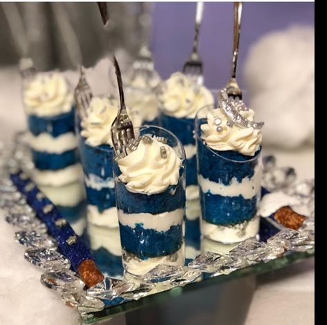 Blue velvet cake shooters Quince Candy Table Ideas Blue, Blue And White Sweet Table, Royal Blue Sweets Table, Blue And Gold Dessert Table Ideas, Blue Birthday Food Ideas, Royal Blue Foods For Party, Royal Blue Dessert Table Ideas, Prom Snacks Table, White And Blue Dessert Table