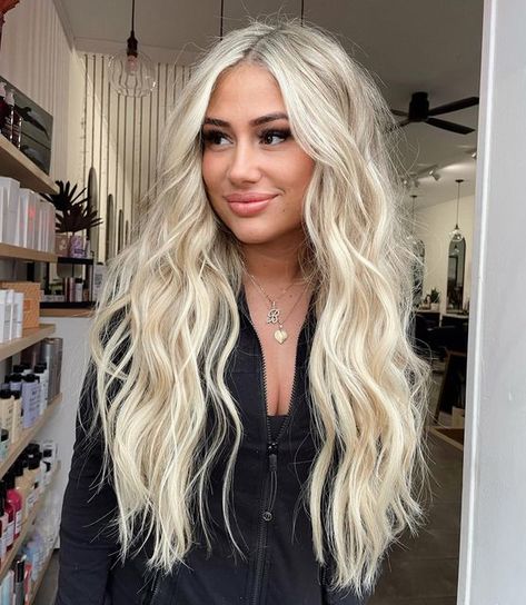 White Blonde Hair With Extensions, Bleach Blonde Hair Extensions, Bright Blonde Extensions, Icy Blonde Hair Extensions, Blonde Hair To The Root, Extremely Blonde Hair, Long Blonde Wavy Hair Extensions, Long Beach Blonde Hair, Bright Blonde Hair Extensions