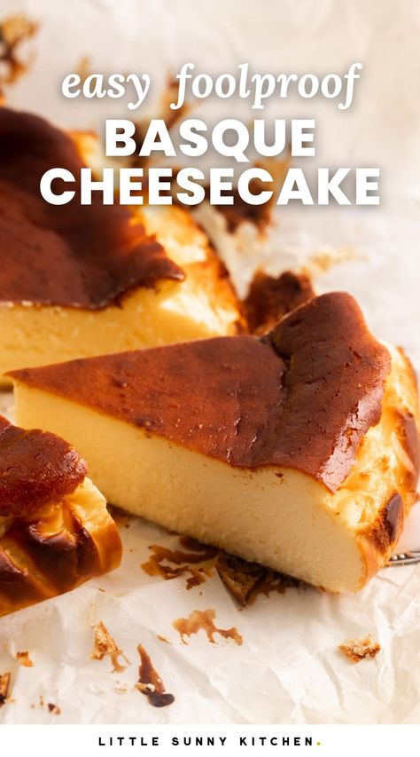 Classic Basque Cheesecake is so simple to make, and completely decadent and delicious with a creamy, rich center, and caramelized edges. Best Basque Cheesecake Recipe, Loaf Pan Basque Cheesecake Recipe, Bisque Cheesecake, Lemon Basque Cheesecake, Bask Cheesecake, Basque Cheesecake Recipe, Basque Food, Basque Cheesecake, Spanish Desserts