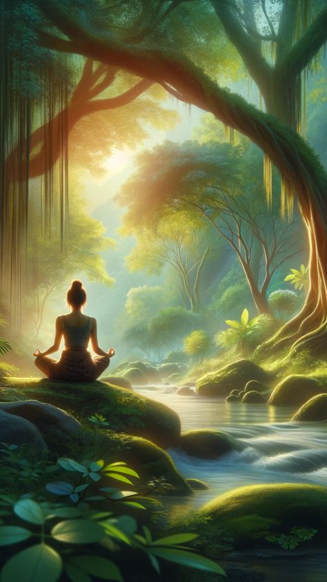 Experience tranquility with this serene image of a woman meditating by a stream in a lush forest. Capturing a moment of deep calm and connection with nature, this scene inspires inner peace, mindfulness, and harmony with the natural world. Ideal for those seeking a peaceful retreat into nature's embrace. Meditation Photos Mindfulness, Meditation Photos Nature, Forest Vision Board, Calm Images Nature, Calm Mind Wallpaper, Meditation Asthetic Picture, Peaceful Images Serenity, Meditation Images Spiritual, Meditation Wallpaper Peace