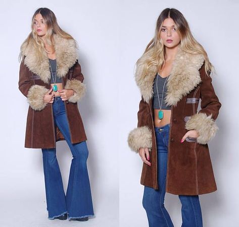 Big Shirt Outfits, Leather Fur Jacket, Fur Jacket Outfit, Bell Bottoms Outfit, Shag Jacket, Penny Lane Coat, 70s Inspired Fashion, Fur Leather Jacket, Cute Coats