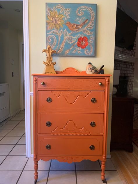 Husky Orange Sherwin Williams, Orange Wood Furniture Bedroom, Orange Furniture Paint, Obstinate Orange Sherwin Williams, Orange Dressers Painted, White Dresser Orange Drawers, Orange Furniture, Refinish Furniture, Orange Paint