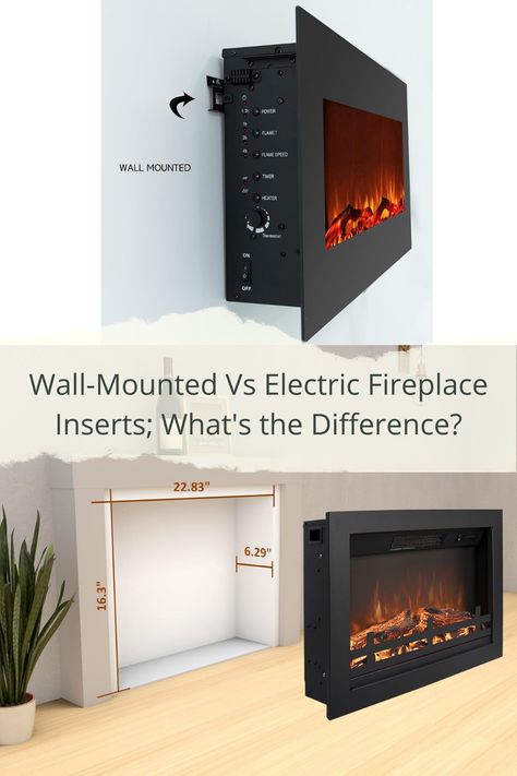 here are some notable differences between a wall-mounted and electric fireplace insert... Wall Mounted Electric Fireplace Bedroom, Fireplace Mounted On Wall, Electric Fireplace Ideas Under Window, Electric Fireplace With Tv Above Mantels, Diy Electric Fireplace Wall Vaulted Ceiling, Electric Fireplace Wall Insert, Wall Mount Tv With Fireplace, Electric Wall Mount Fireplace Ideas, Simplifire Electric Fireplace