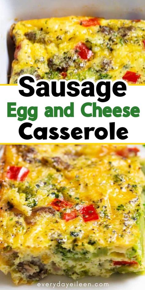 Squares of an egg casserole with red peppers, sausage and cheese with Pinterest overlay. Egg Casserole Recipes Healthy, Sausage Egg Cheese Casserole, Egg And Veggie Casserole, Egg Sausage Casserole, Sausage Egg And Cheese Casserole, Easy Breakfast Casserole Sausage, Veggie Breakfast Casserole, Sausage Egg Breakfast Casserole, Egg And Cheese Casserole