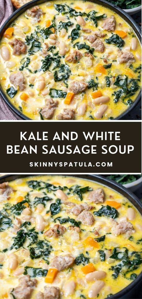 Kielbasa Kale Soup, Kale And Sausage Soup Healthy, Kale And White Bean Soup With Sausage, Kale Cream Soup, Chicken Sausage And Bean Soup, Sausage Potato White Bean And Kale Soup, Soup Sausage Kale, Soup With Kale And Potatoes, Sausage Kale Potato Soup Coconut Milk