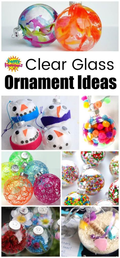 Fun and Creative ways to decorate a clear glass or plastic ornament. Great Christmas Craft ideas here for kids of all ages. #HappyHooligans #Ornaments #HomemadeOrnaments #ChristmasCraftsForKids #PreschoolChristmasCrafts #ToddlerChristmasCrafts #GlassOrnaments #PlasticOrnaments #ClearOrnaments #Crafts #Tweens Ornament Ideas Preschool, How To Decorate Clear Plastic Ornaments For Kids, Fillable Christmas Ornament Ideas For Kids, Kids Christmas Bulb Crafts, Decorating Clear Christmas Ornaments, Bulb Ornament Crafts For Kids, Clear Ornament Christmas Crafts, Decorating Plastic Ornament Balls, Christmas Crafts With Clear Ornaments