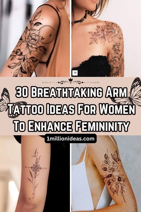 Ask any tattoo artist and they will say the arm is one of the best tattoo spots ever. So, if you are looking for stunning arm tattoo ideas for women, this list is for you. Shoulder, forearm, to an entire sleeve tattoo, we have everything you need to slay your next ink in style. Whether you want something elegant and discreet or creative and dramatic, we have you covered! Feminine Shoulder Tattoos, Small Rib Tattoos, Arm Tattoo Ideas, Shoulder Sleeve Tattoos, Arm Sleeve Tattoos For Women, Back Of Arm Tattoo, Feminine Tattoo Sleeves, Best Tattoos For Women, Bicep Tattoo