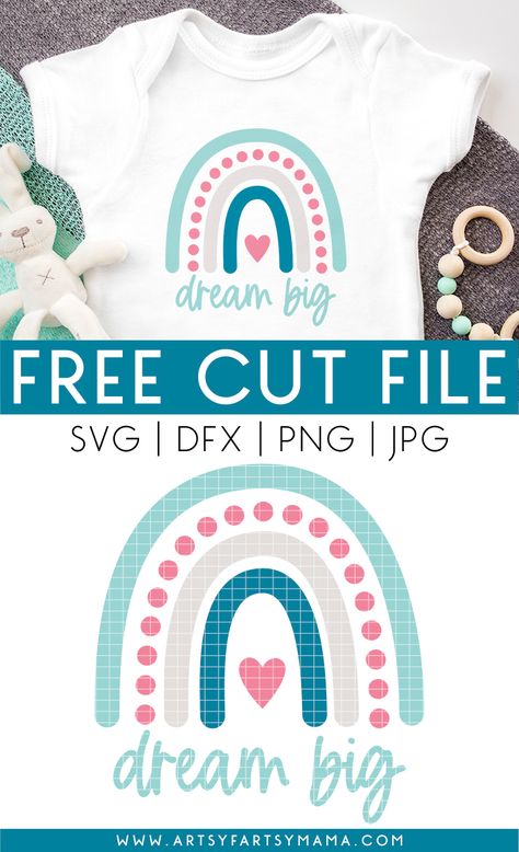 Dream Big Rainbow Onesie with 16 Free Rainbow Cut Files | artsy-fartsy mama Boho Rainbow Svg Free, Teacher Svg Files Free, Stickers Design Ideas, Rainbow Onesie, Boho Rainbows, Silhouette Cameo Crafts, Cricut Baby, Rainbow Svg, Projets Cricut