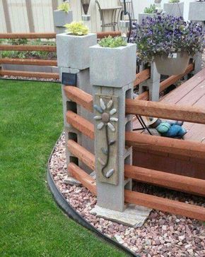 CINDER BLOCK FENCE...that you can plant Flowers in! We are in love with this idea & it looks so easy to make! Featured on our Best Garden & DIY Yard Ideas!  http://kitchenfunwithmy3sons.com/2016/03/the-best-garden-ideas-and-diy-yard-projects.html/ Concrete Block And Wood Fence, Fence With Cinder Block And Wood, Concrete Block Fence Ideas, Fence Post Art Ideas, Cinder Block Railing, Cinder Block Wood Fence, Cinder Block Porch Railing, Diy Patio Fence Ideas, Cider Blocks Garden Ideas