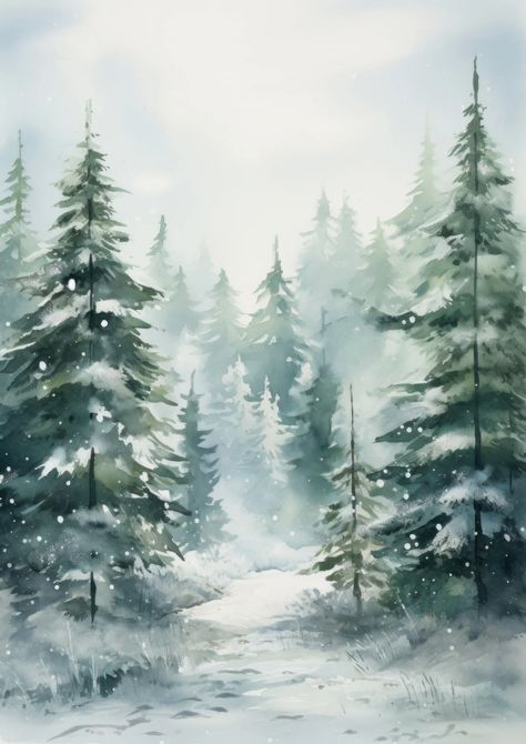 Winter Wonderland Landscape, Winter Pine Trees Painting, Winter Forest Watercolor, Vintage Winter Pictures, Holiday Painting Ideas On Canvas, Simple Winter Painting, Christmas Tree Painting Ideas, Christmas Watercolor Paintings Easy, Winter Watercolor Paintings