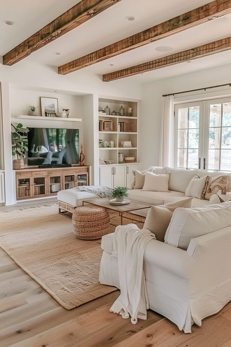 Creating The Perfect Boho Farmhouse Living Room Living Room French Country Modern, Living Room Ideas Vintage Modern, Modern But Homey House, Mediterranean Tv Room, Serene Living Room Ideas, Dream Farmhouse Living Room, Cream Colored Living Room Ideas, Cosy Farmhouse Living Room, French Farmhouse Decor Living Room