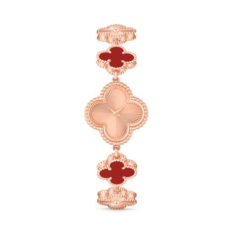 Sweet Alhambra watch 18K rose gold, Carnelian - Van Cleef & Arpels Van Cleef Watch, Alhambra Watch, Alhambra Van Cleef, Gold Vans, Van Cleef And Arpels Jewelry, Van Cleef & Arpels, Expensive Jewelry Luxury, Van Cleef And Arpels, Rose Gold Case