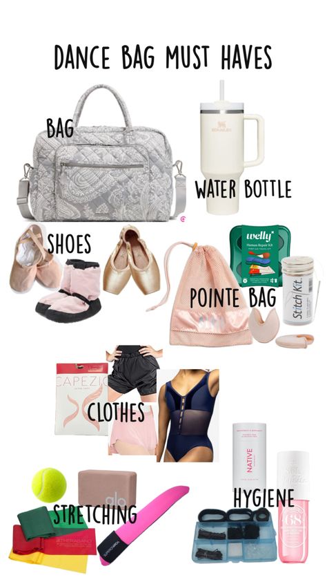 this is to help give you an idea of what to put in your bag for dance Sports Bag Essentials, Bag Must Haves, Dance Class Outfit, Ballerina Workout, Dance Comp, Dancer Lifestyle, Cheer Workouts, Flexibility Dance, Ballet Bag