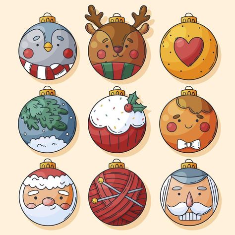 Set of hand drawn Christmas decorations and balls Christmas Drawing Ornaments, Christmas Bobbles Drawing, Christmas Ornament Drawing Ideas, Christmas Bulb Drawing, Christmas Idea Drawing, Christmas Bauble Drawing, Cute Little Christmas Drawings, Decorating Christmas Balls, Christmas Decor Ideas Drawing