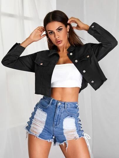 Casual Denim Shorts, Long Sleeve Denim Jacket, Denim Patterns, Weave Style, Cropped Denim Jacket, Black Denim Jacket, Denim Jacket Women, Short Jacket, Cropped Denim