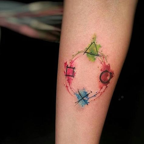 “Watercolour Playstation tattoo by @rodferod  #playstation #ps4 #playstationtattoo Thanks Felipe!” Playstation Tattoo, Button Tattoo, Video Game Tattoos, Gamer Tattoos, Video Game Tattoo, Tattoo Magazine, 4 Tattoo, Gaming Tattoo, Star Wars Tattoo