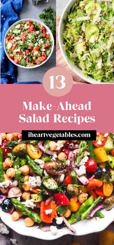 These delicious make ahead salad recipes are perfect for a picnic or a packaged lunch! No wilted lettuce or salad salads here. These crunchy, hearty salad recipes are perfect to prepare in advance! #mealprep #healthy #salads #vegetarian #simple No Leaf Salad Recipes, No Wilt Salads, Hearty Lunch Salads, Vegetarian Cold Salads, Packable Salads For Lunch, Salad With No Lettuce, Gut Friendly Salad, Make Ahead Salads For Parties, No Meat Salads