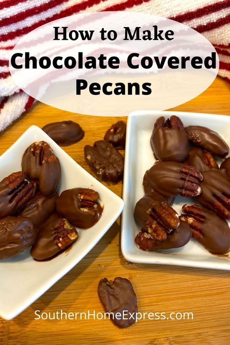 Chocolate covered pecans are a delicious sweet treat for any occasion or get-together with friends and family. Here's an easy way to make them. Chocolate Covered Pecans Recipe, Covered Pecans, Chocolate Covered Pecans, Chocolate Covered Nuts, Chocolate Recipes Easy, Candy Recipes Homemade, Nut Recipes, Pecan Recipes, Chocolate Pecan