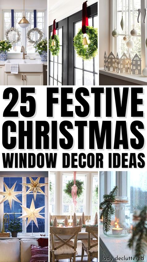 25 Festive Christmas Window Decor Ideas Christmas Home Window Decor, Decorating Old Windows For Christmas, Kitchen Window Decor Christmas, Wreaths On Kitchen Windows, Christmas Decor Curtains, Christmas Decor In Windows, Ornaments On Window, Greenery Over Windows, Christmas Decors For Windows