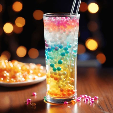 The Popping Boba Cocktail is a delightful mix of sweet, fruity, and slightly tangy flavors. The popping boba pearls add a fun, unexpected burst of flavor that enhances the overall drinking experience. Rainbow Boba Tea, Bubble Tea Cocktail, Alcoholic Boba Drinks, Boba Alcohol Drinks, Popping Boba Drink Recipe, Popping Boba Drink Ideas, Boba Pearls Recipes, Diy Boba Pearls, Popping Boba Drinks